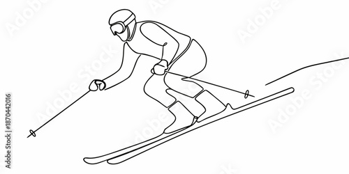 Continuous line drawing of a skier in motion down a snowy slope