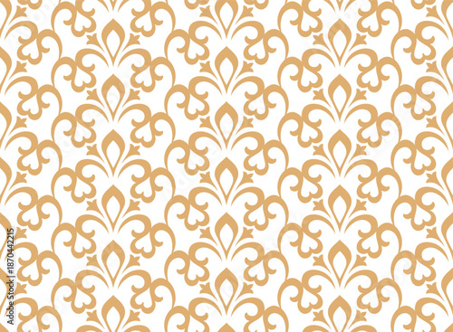 Floral pattern. Seamless vector background. Vintage wallpaper in the Baroque style. White and golden ornament for fabric, wallpaper, packaging. Ornate Damask flower illustration