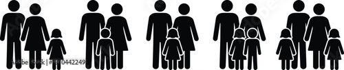 Family silhouettes, parents and children, group composition, black outline, minimal design, public space, demographic concept, social structure, unity