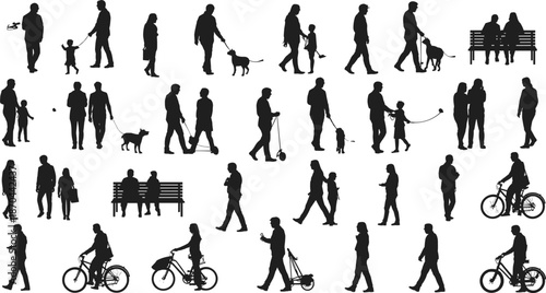 People silhouettes, walking, biking, sitting, dog walking, stroller, urban life, public space, interaction, posture, gesture, minimal design, diversity