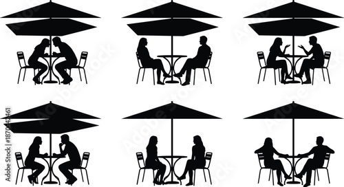People silhouettes, outdoor café, sitting, conversation, umbrella shade, social interaction, public space, black outline, minimal design, relaxing moment
