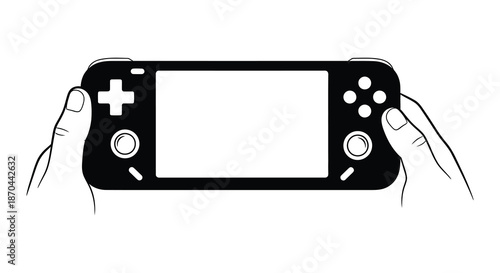 Hands holding a black portable gaming console simple line art style a striking silhouette