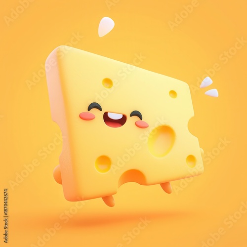 Kawaii smiling cheese character joyfully floating with pink cheeks and big happy mouth, expressing fun and delight, on a vibrant orange background, representing food and good mood
