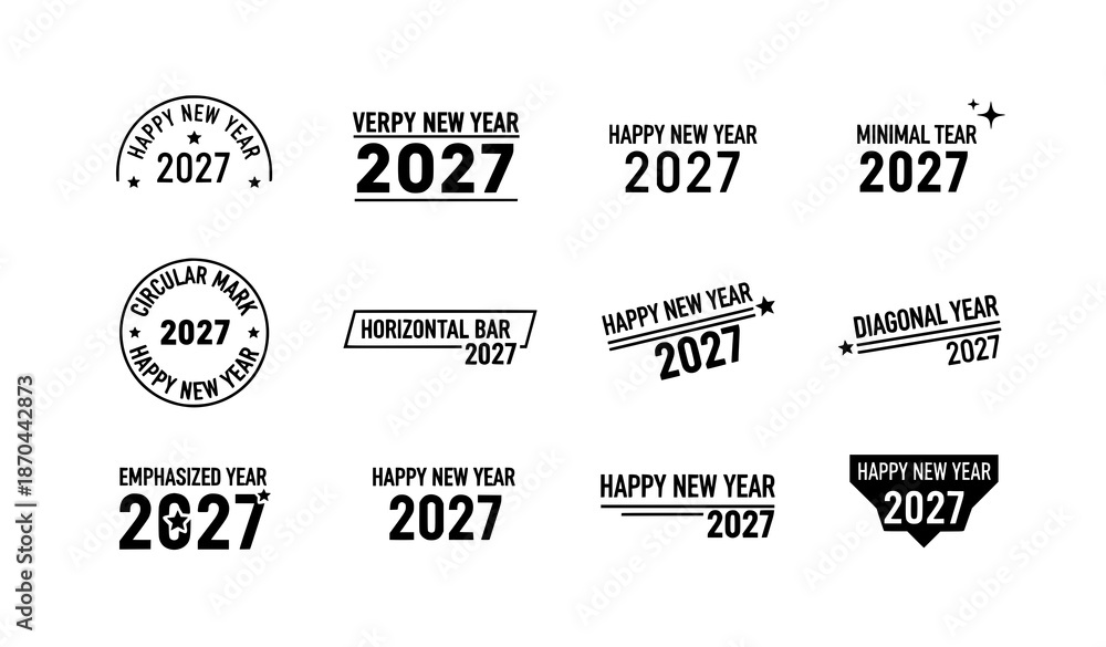 Fototapeta premium Happy New Year 2027 logo text and number design set flat vector isolated on white