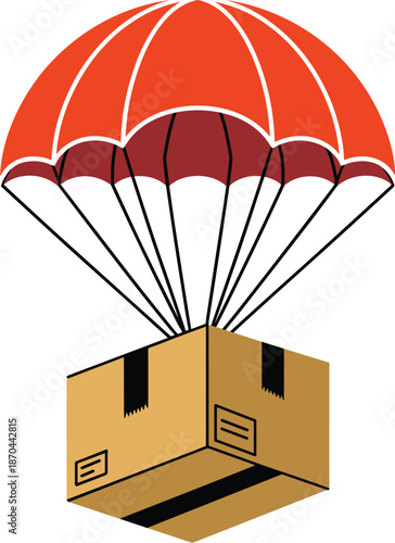Parcel box delivery package with parachute vector on white background.