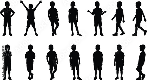 Children silhouettes, body language, expressive poses, standing kids, walking gesture, artistic figures, black outline, posture study, minimal design