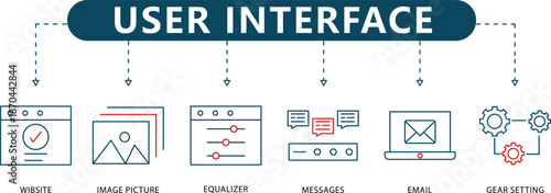User Interface UI Infographic 6 Essential Digital Component Icons with Red Accents for Software, Web Design and Tech Presentations