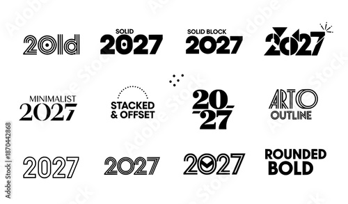 Modern 2027 New Year number logo collection with minimal festive symbols vector illustration