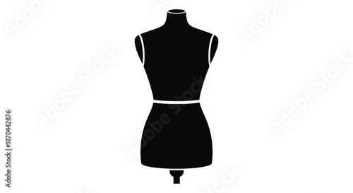 A striking black dress form stands prominently displayed creating a bold fashion silhouette