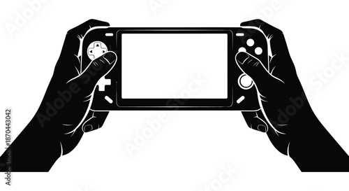 A striking depiction of two hands gripping a handheld gaming console a bold silhouette