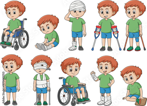 Injured boy cartoon, medical recovery stages, wheelchair, crutches, bandages, prosthetic leg, child health, rehabilitation, hospital care