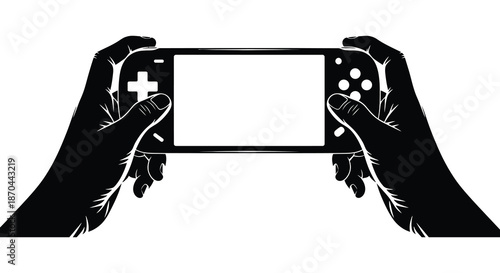 A pair of hands intently holding and operating a portable gaming console silhouette
