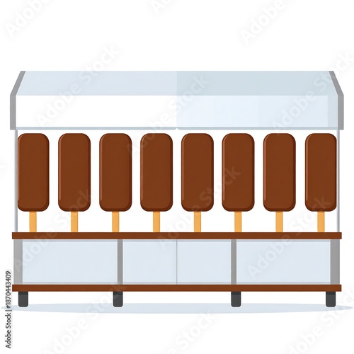 Front view of a food cart with brown ice cream bars on sticks, displayed under a white awning