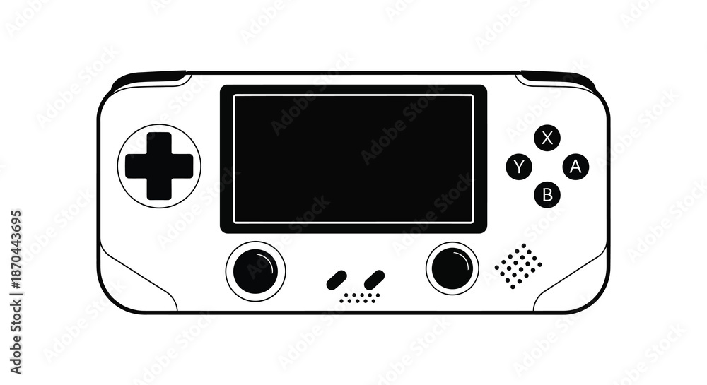 Obraz premium A simple white outline of a handheld gaming console with buttons and a screen silhouette