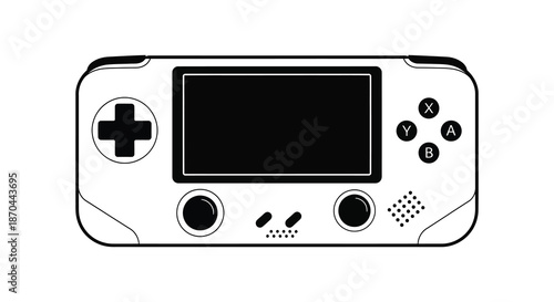 A simple white outline of a handheld gaming console with buttons and a screen silhouette