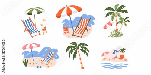 A colorful illustration depicting beach elements like umbrellas chairs and palm trees