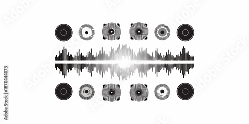 Sound waves and speaker elements illustrated in a minimalist black and white design