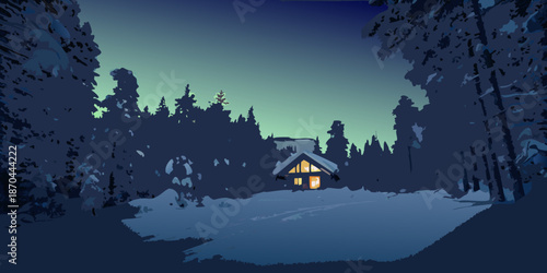 A cozy cabin glows warmly amidst a snow covered forest at dusk