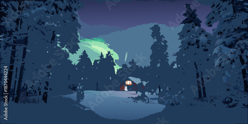 A cozy cabin nestled in a snowy forest under the northern lights
