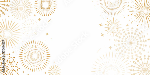 Golden firework bursts and sparkling stars on a bright white background