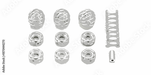 Arrangement of silver colored objects resembling coils and a metal component