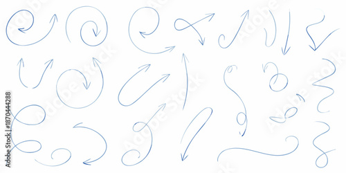 Collection of hand drawn blue swirl arrows and scribbles on a white background