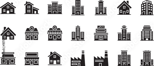 Set of Black Building Icons Collection. Houses, Offices, Shops, and Factories Vector Illustration. isolated PNG with Transparent Background
