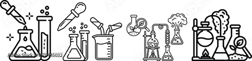 Science lab icon set including beakers test tubes and various chemistry equipment outline drawing vector collection