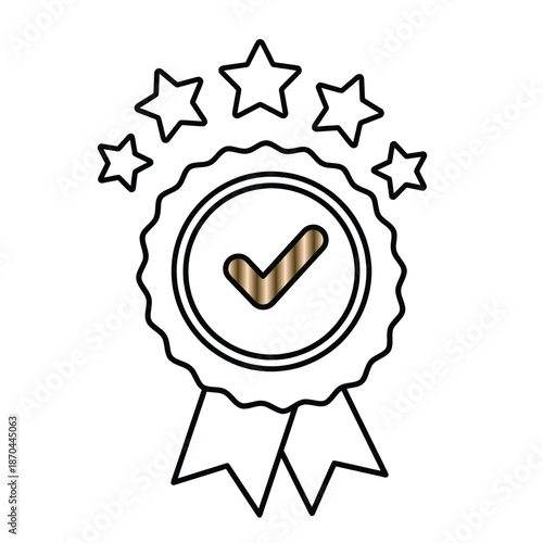 Quality assurance five stars review gold check mark badge for best product or service outline vector illustration