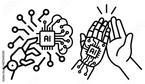 Artificial intelligence interaction robotic hand high five human hand integrated circuit chip neural network icon