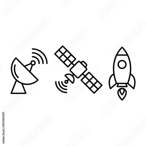 Space technology icons collection depicting communication satellite dish rocket and orbital satellite system