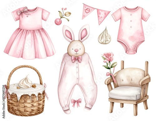 Watercolor illustration set dresses, bunny, flowers, banner, basket, chair, and accessories