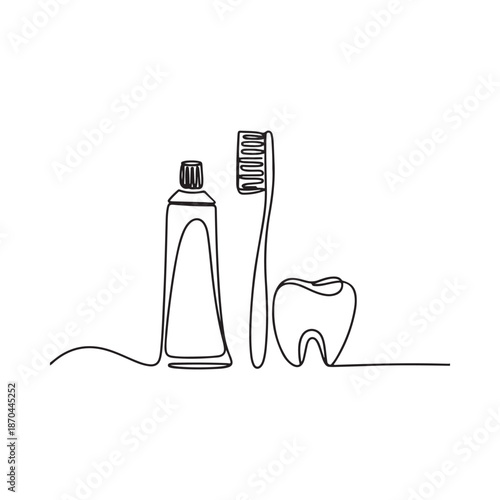 A minimalist line drawing depicting a toothbrush toothpaste and a tooth for dental hygiene