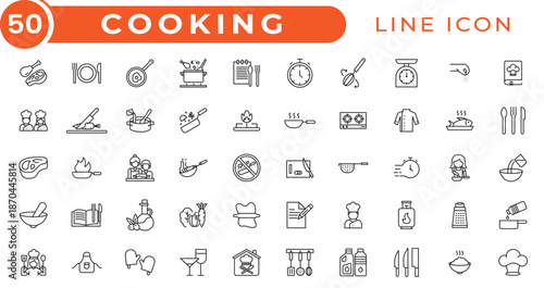 Set of 50 outline icons related to cooking, kitchen. Frying pan and Kitchen utensils, Fork, spoon and knife line icons. Recipe book, chef hat and cutting board. Cooking book, hot pan vector icon set