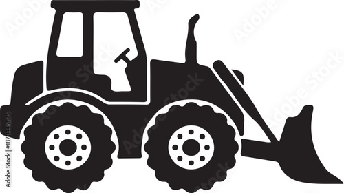 Black and white line of a tractor with large wheels and a driver in the cabin line outline