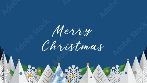 Merry christmas greeting card with white christmas trees snowflakes and stars on a dark blue background design
