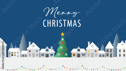 A christmas scene with houses and a christmas tree under a merry christmas text on a blue background scene