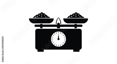 A classic balance scale with two filled pans and a circular dial presented as a silhouette