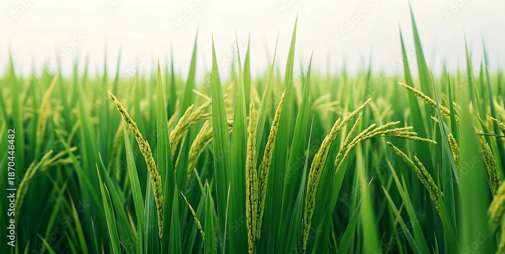 Fototapeta premium Lush Green Rice Paddy Field Close-up with Ripening Grains