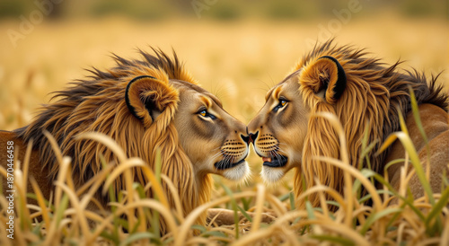 Magnificent male lions connect in a sun-drenched African savanna