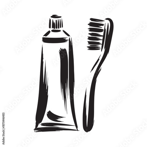A simple black and white illustration depicting a tube of toothpaste and a toothbrush side by side