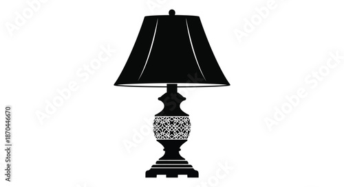 A classic table lamp displayed in a striking black and white illustration silhouette
