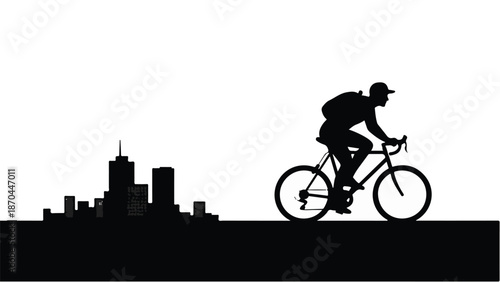 Silhouette of a cyclist with a backpack riding a bicycle against a city skyline