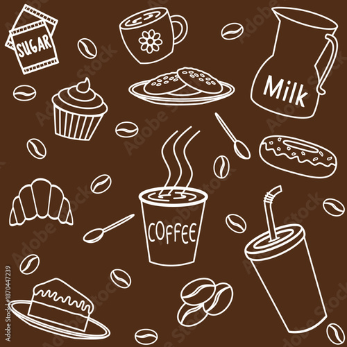 Seamless coffee pattern with cups, beans, milk, desserts, and pastries on a brown background. Cozy cafe illustration ideal for packaging, textiles, and wallpapers.