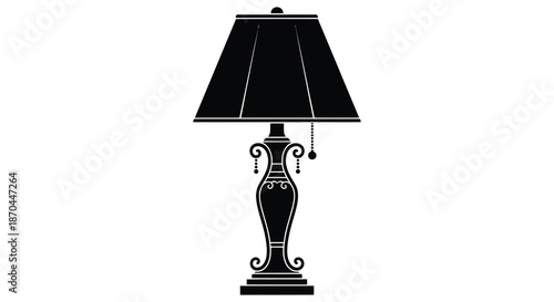 A striking black lamp with ornate details stands prominently against a clean white background silhouette