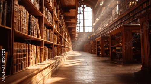 Wallpaper Mural Quiet library aisle with tall wooden shelves and books, diminishing perspective, warm amber lighting Torontodigital.ca