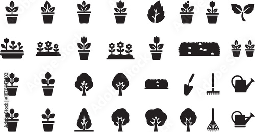 Big Set of Modern Black Plant, Flower, Tree, and Gardening Tool Vector Icons Collection isolated PNG with Transparent Background