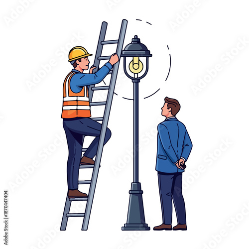 Illustration of a worker in a safety vest changing a street light bulb while another man observes from the ground with a ladder and a clean white background.