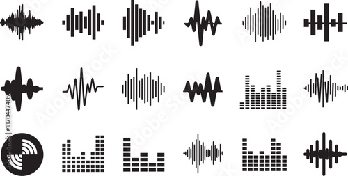 Black Sound Wave and Equalizer Vector Icons Set isolated PNG with Transparent Background