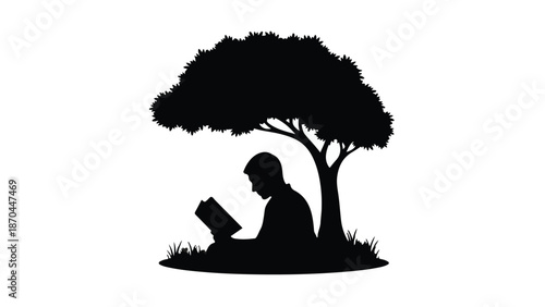 Silhouette of a person reading a book under a lush tree on a sunny day